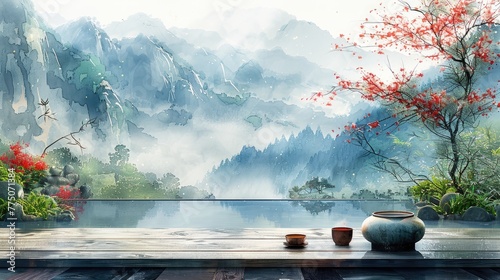 Traditional Chinese brush painting of an herbal medicine clinic, minimalist, serene,