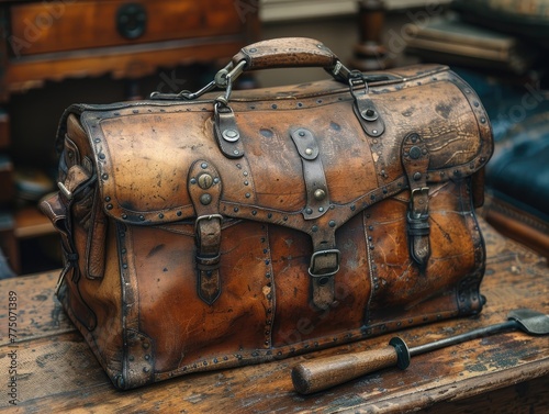Vintage doctor's bag filled with old tools, antique filter photo