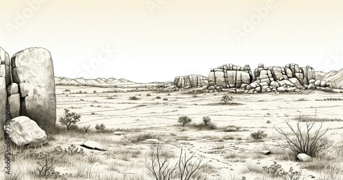 A detailed outline drawing of a sparse steppe, isolated rock formations, under a large, mostly clear sky.