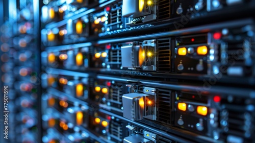 A close up of a rack full of servers with lights on, AI