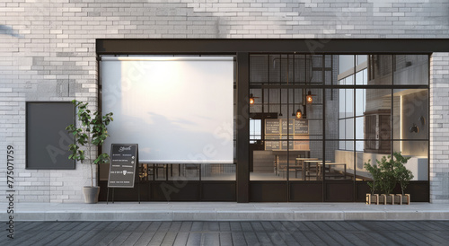 3D rendering of a cafe exterior design, with black steel material and a white color concrete wall