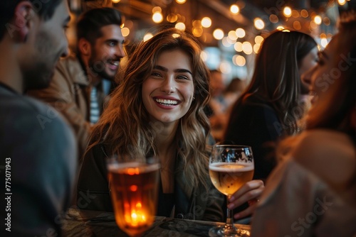 Image of coworkers going out for drinks after work, laughing and chatting in a bustling bar or pub, reflecting a social and unwinding atmosphere. photo