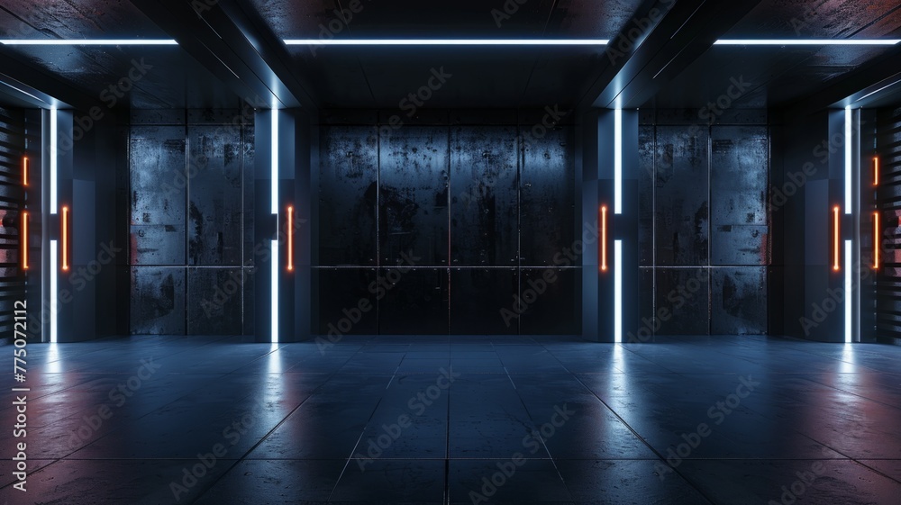 Futuristic corridor with neon lighting - A conceptual image showing a futuristic corridor with sleek designs and neon lighting enhances the modern feel