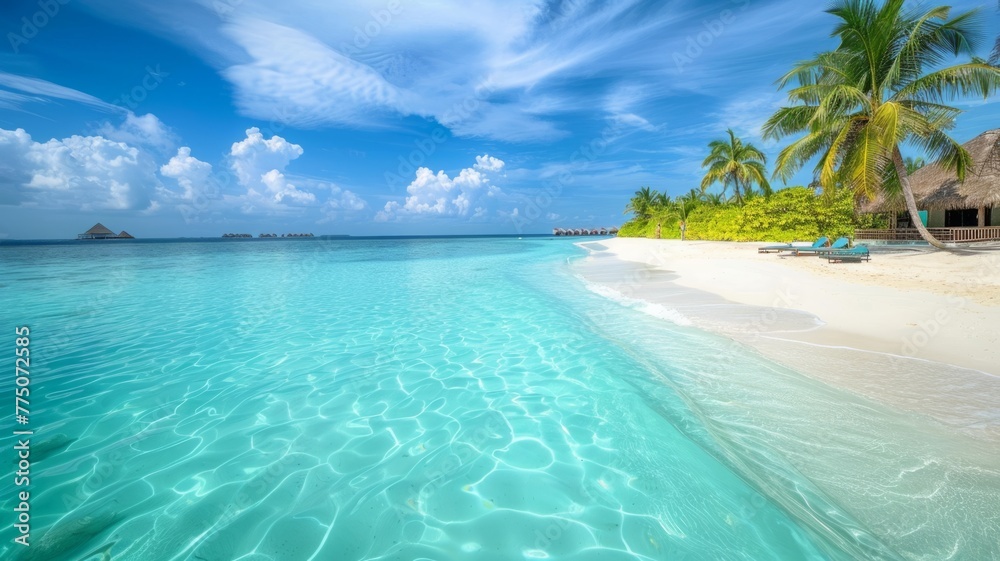 Tropical beach paradise with clear blue water - A picturesque tropical beach showcasing crystal clear waters and white sandy shores with lush palm trees