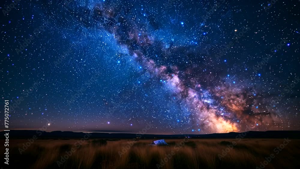 Grassland under the starry sky and shooting star animation. seamless looping 4k time-lapse animation video background
