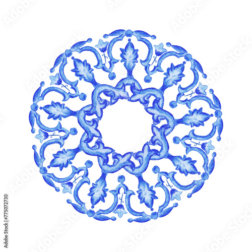 Vector decorative circular pattern blue and white design with frame or border. Baroque Vector mosaic. Traced watercolor.