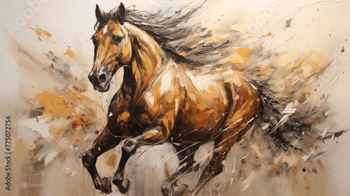 Contemporary Abstract Oil Painting: Gold-Accented Horse Motif with Bold Strokes and Knife Painting Technique, Ideal for Wall Art and Home D�cor