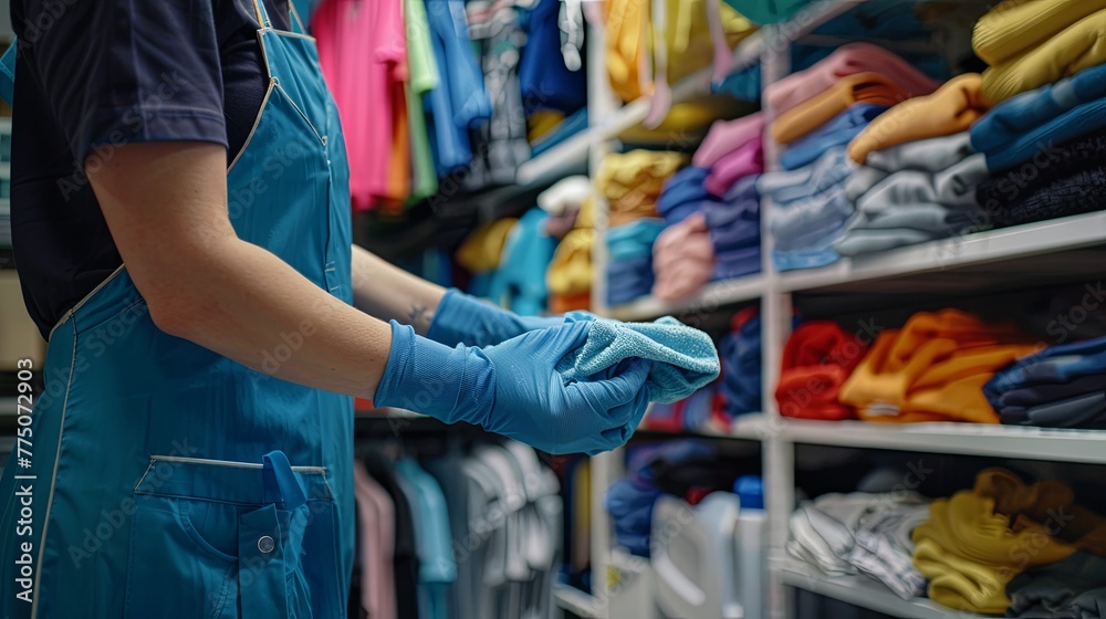 Close-up photo capturing the hands of a laundry attendant expertly sorting and treating clothes before washing Close-up photo capturing the hands of a laundry attendant expertly sorting and treating clothes before washing