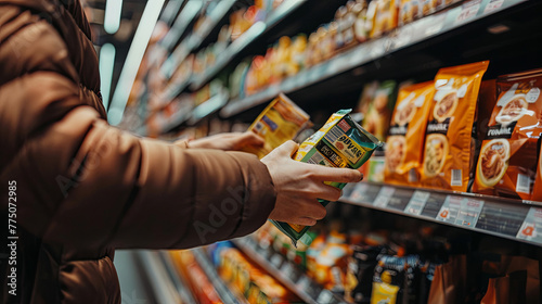 Close-up photograph of a shoppers hands comparing two products in a well-lit supermarket aisle focusing on the decision-making process photo