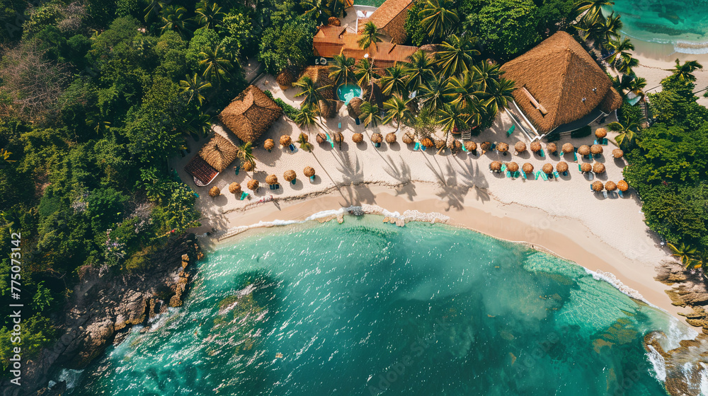 High-definition photo of a sprawling resort hotel nestled on a pristine beach with guests lounging under palm-thatched umbrellas