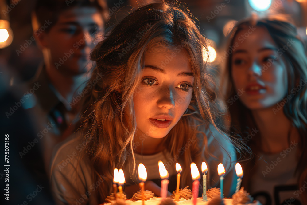 A woman surrounded by friends and family, blowing out candles on a cake adorned with the number A woman surrounded by friends and family, blowing out candles on a cake adorned with the number