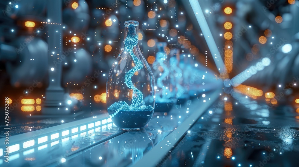 Futuristic chemistry lab with holographic displays of molecular structures and DNA strands floating in the air. Generative AI.