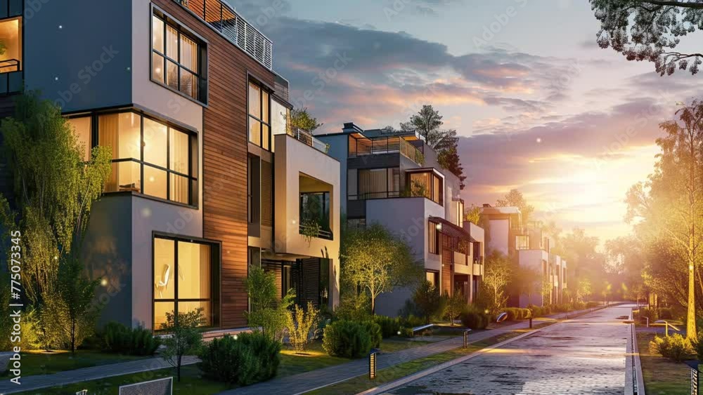 Evening view of the beautiful residential houses of modern architecture with glowing lights