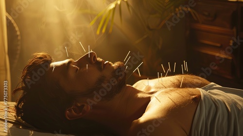 Ultra-high-definition photo of a serene acupuncture session showcasing a patient lying peacefully with needles expertly placed on key energy points photo