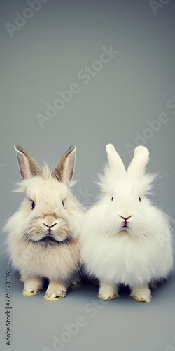 Dois coelhos fofos brancos com narizes rosados photo