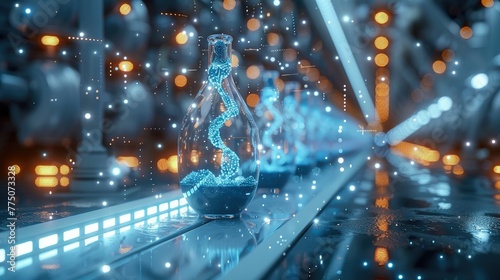 Futuristic chemistry lab with holographic displays of molecular structures and DNA strands floating in the air. Generative AI. © visoot