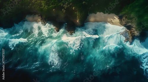 An aerial view of a rugged coastline battered by crashing waves