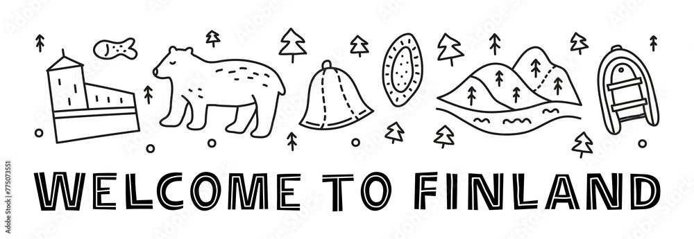 Poster with lettering and doodle outline finland landmarks and attractions including Helsinki Cathedral, lake, cloudberry, fish, flag, fir tree isolated on white background. Poster with lettering and doodle outline finland landmarks and attractions including Helsinki Cathedral, lake, cloudberry, fish, flag, fir tree isolated on white background.