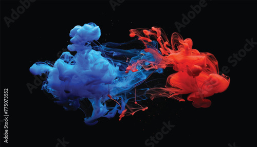 Acrylic blue and red colors in water. Inkblot. Abstract black background. Bright color clouds. Splash of color paint, water or smoke on dark background. © waqar