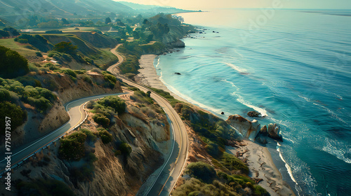 An aerial view of a scenic coastal road winding along cliffs and beaches © Be Naturally