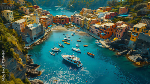 An aerial view of a scenic coastal town with colorful boats bobbing in the harbor © Be Naturally
