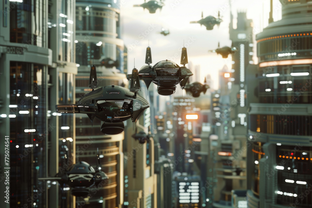 A futuristic city with AI-powered robots flying through the air