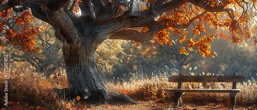 A rustic wooden bench nestled beneath a towering oak tree, its branches laden with fiery leaves, creating a warm and inviting haven.