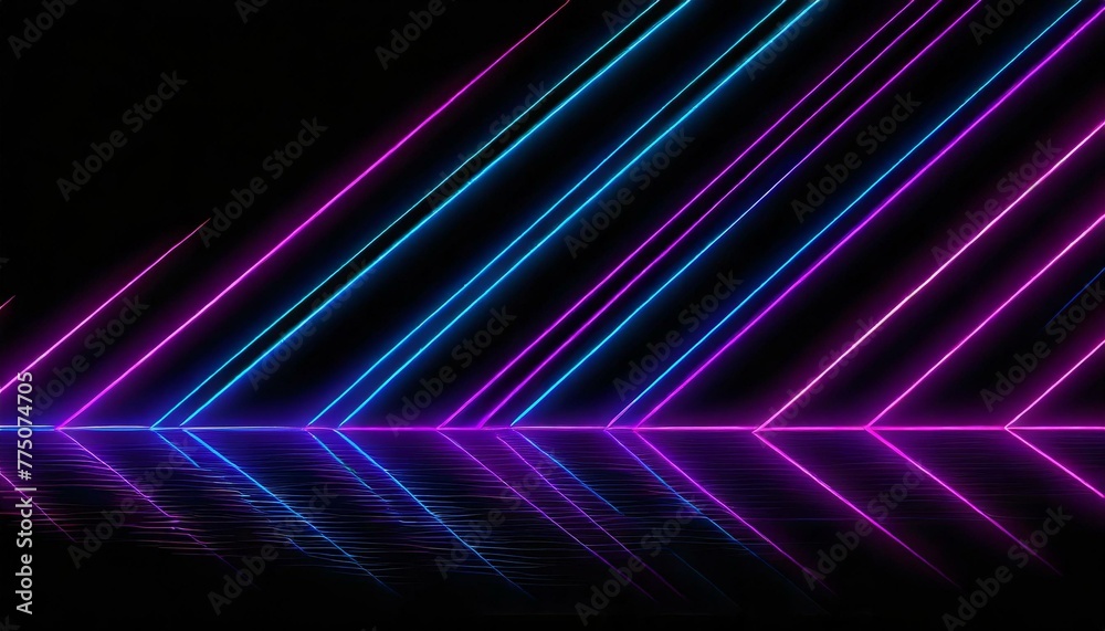 Abstract neon background, minimal neon light lines reflecting against black background