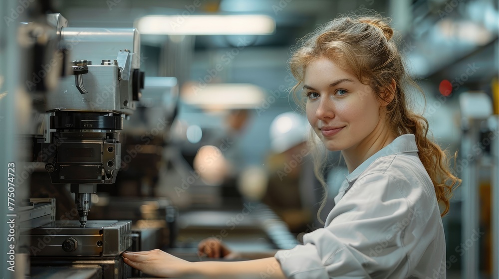 A woman is working at a CNC machine in the workshop of an aluminium processing company. Generative AI. A woman is working at a CNC machine in the workshop of an aluminium processing company. Generative AI.