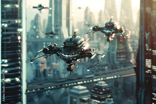 A futuristic city with AI-powered robots flying through the air