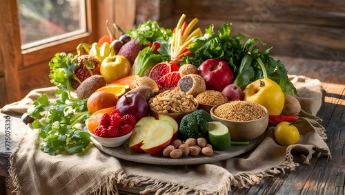 Healthy food with organic fruit, vegetables, grains and high fibre foods on a rustic wooden table