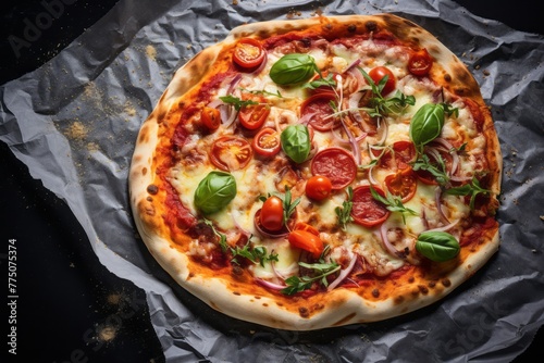 Delicious pizza on a marble slab against an aluminum foil background