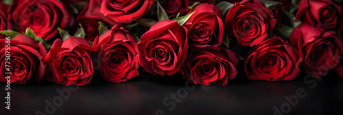 Closeup view of red roses isolated on a black background, blooming and vibrant, perfect for holiday bouquets or romantic gestures