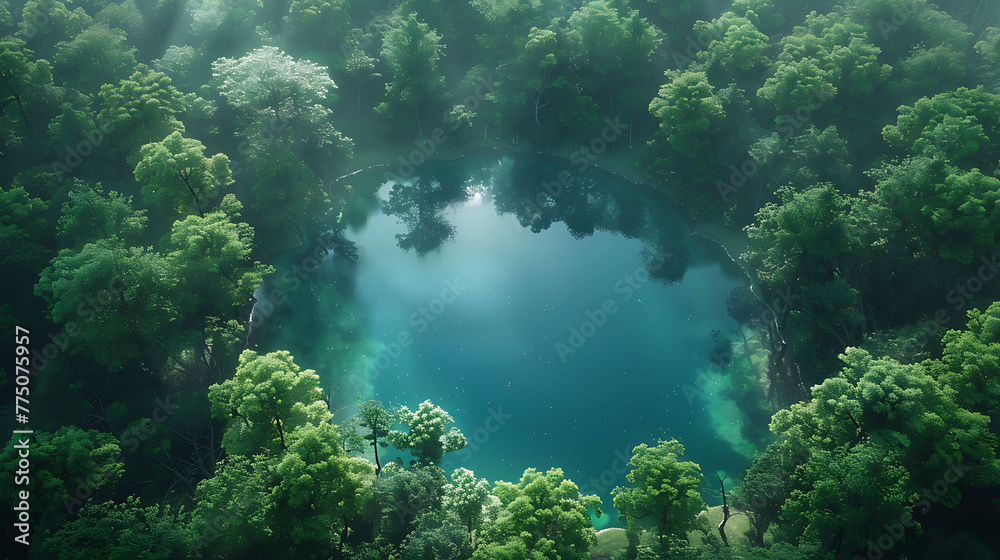 An aerial view of a serene lake surrounded by dense forest