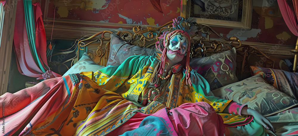 cyborg android in bed wearing a colorful gown, ai generated.