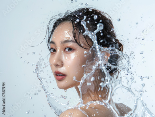 A beautiful korean woman has water splashing on her face against a white background in a simple composition portraying feminine beauty © Kien