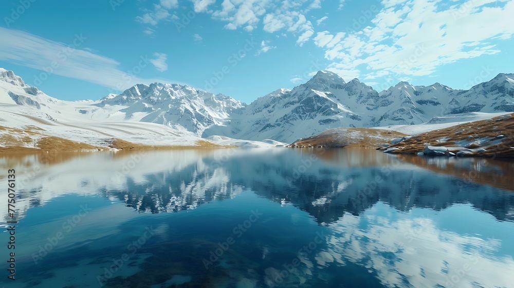 An aerial view of a serene mountain lake reflecting snow-capped peaks