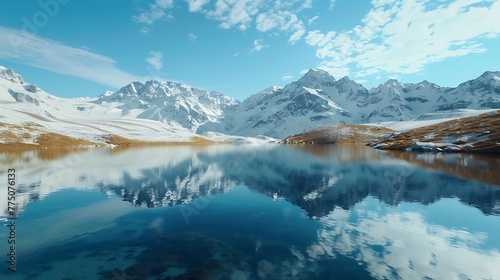 An aerial view of a serene mountain lake reflecting snow-capped peaks
