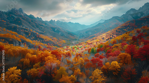 An aerial view of a serene mountain valley blanketed in a carpet of colorful autumn foliage © Be Naturally