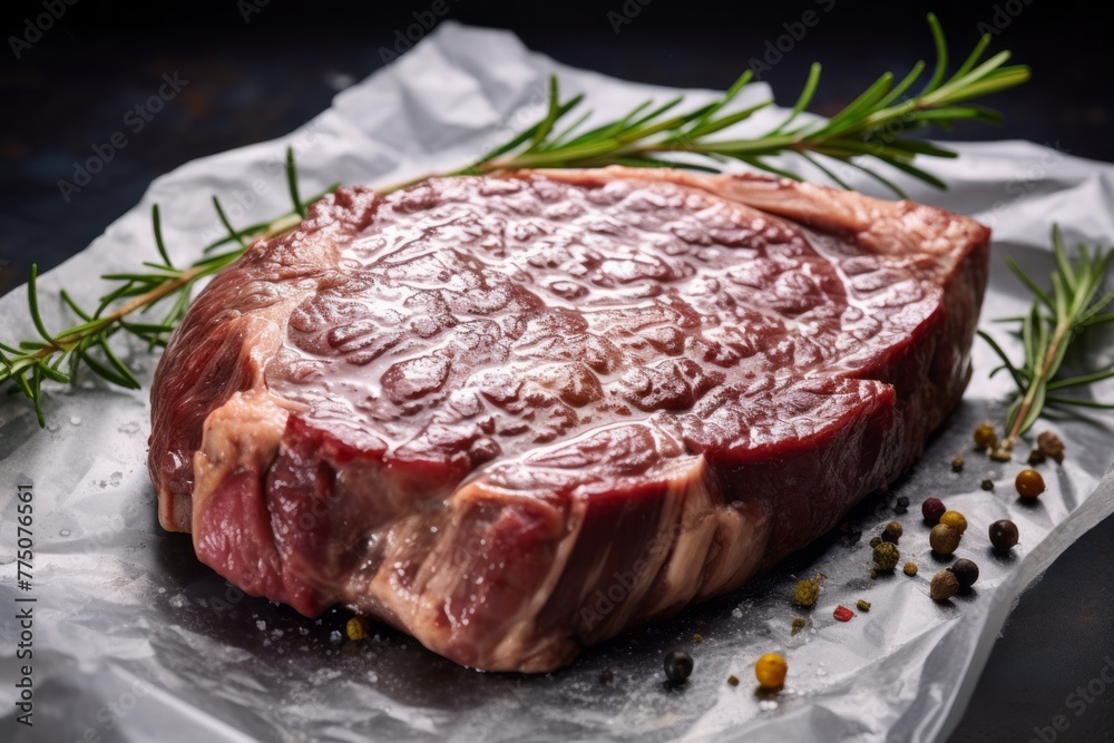 Exquisite medium rare ribeye steak on a marble slab against an aluminum foil background
