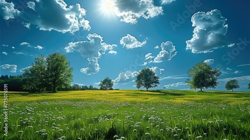 Beautiful scenery, grassland, trees, blue sky and white clouds. Generative AI. photo