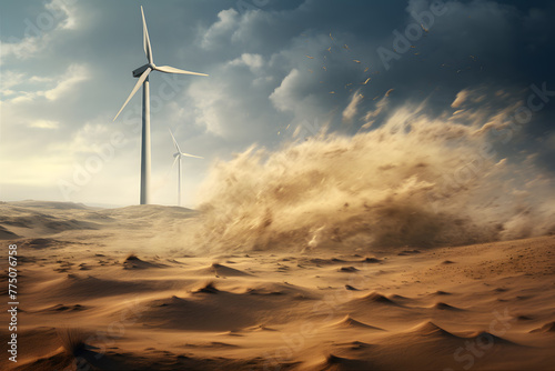 View of a wind farm in a desert sandy environment. A windy tornado swept over the steppe landscape. World wind day concept. photo
