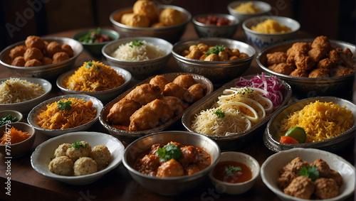 Traditional Southeast Asian cuisine to celebrate Eid al-Fitr. Consisting of meatball soup  bakso  and other traditional dishes.