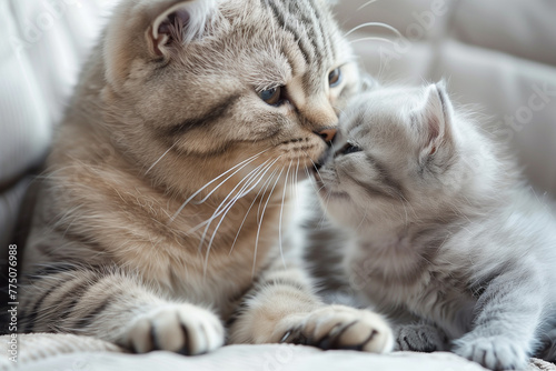 Mother cat nuzzling with her kitten