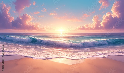 A breathtaking sunset over the ocean, with vibrant colors painting the sky and waves crashing onto an empty beach. 