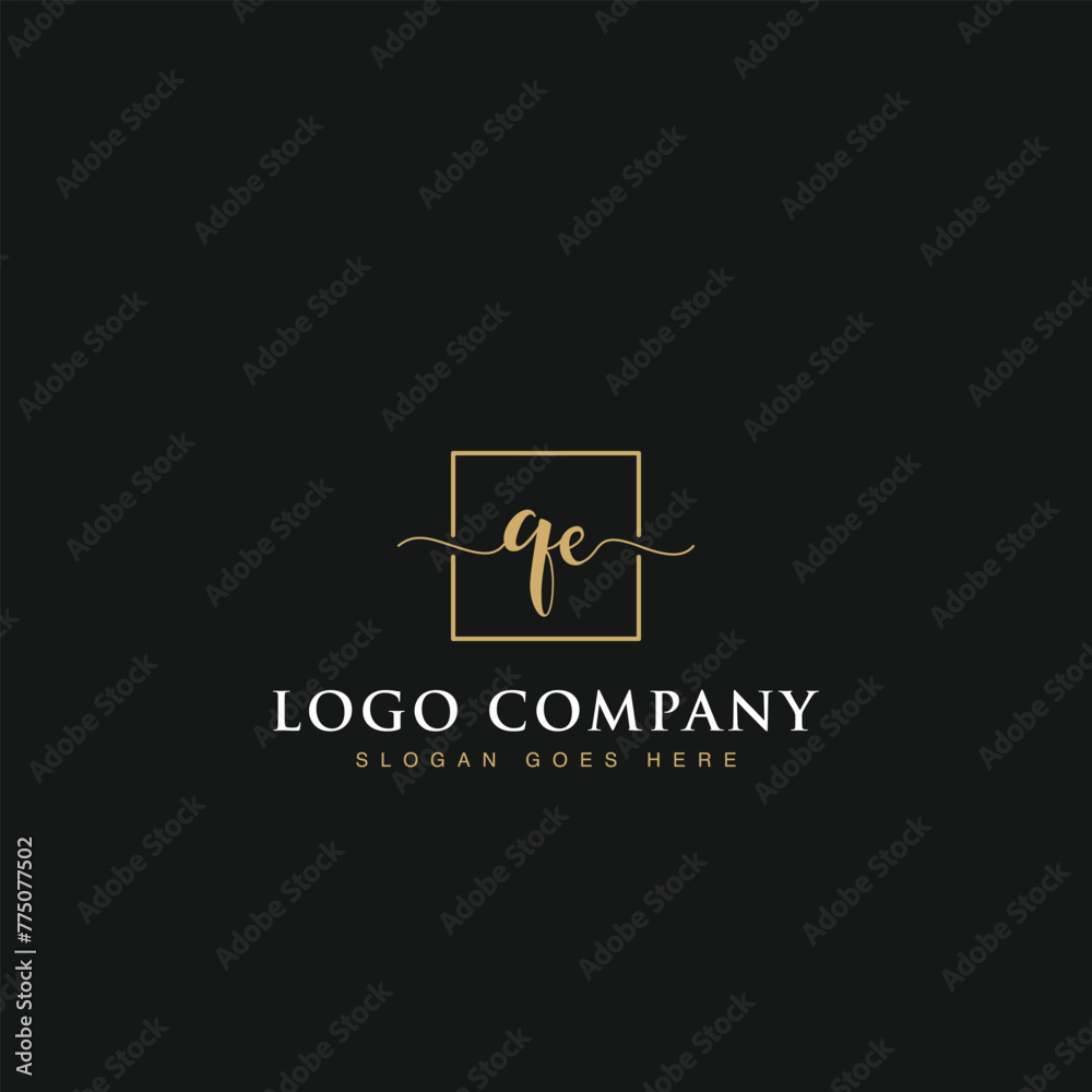 Initials signature letters QE linked inside minimalist luxurious square line box vector logo gold color designs for brand, identity, invitations, hotel, boutique, jewelry, photography or company signs Initials signature letters QE linked inside minimalist luxurious square line box vector logo gold color designs for brand, identity, invitations, hotel, boutique, jewelry, photography or company signs