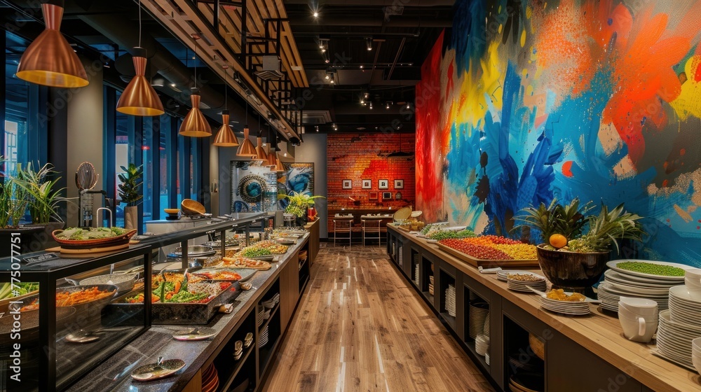 An enticing display of culinary creativity, accentuated by bold oil paints on the walls.