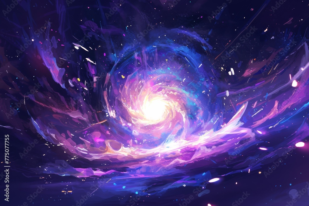 A dark background with colorful swirling energy and light, representing the center of an exploding black hole or cosmic event. 