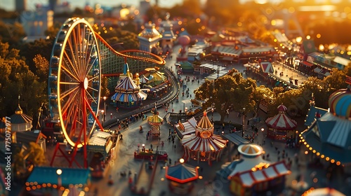 An aerial view of a sprawling amusement park with roller coasters and Ferris wheels