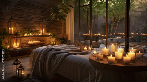 Create a warm candlelit ambiance in a relaxation area to authentically capture expressions during a spa facial